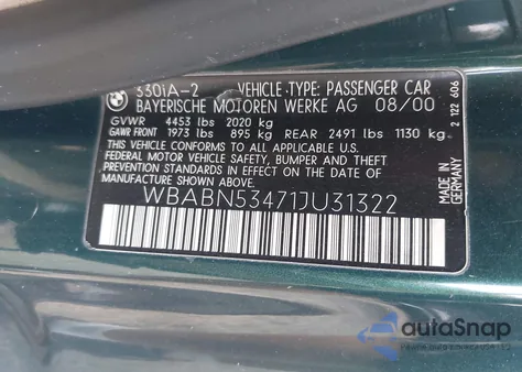 2001 BMW 330Ci z USA, uszkodzony, nr VIN WBABN53471JU31322